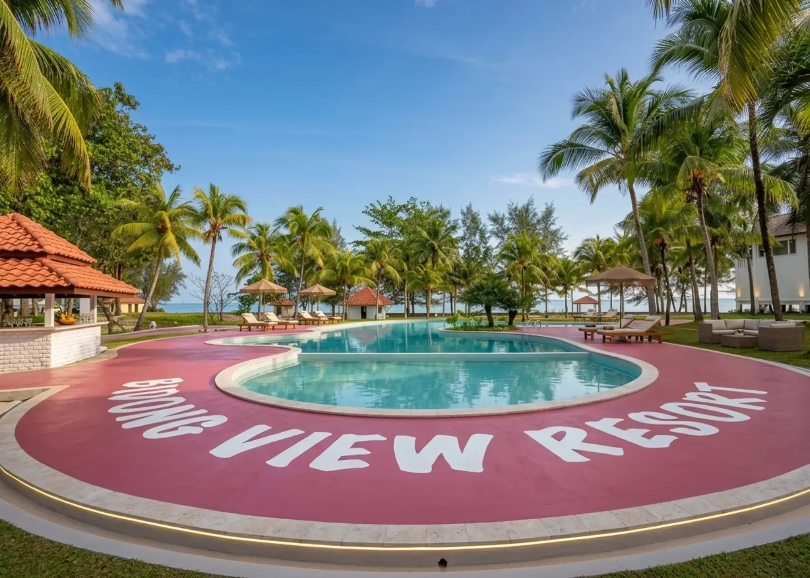 Bidong View Resort signature pool with palm trees and sea view